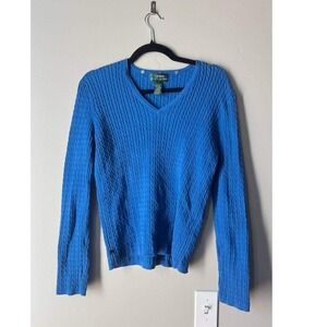 Lauren Ralph Lauren Cable Knit Sweater L Blue V Neck Cotton Old Money Preppy